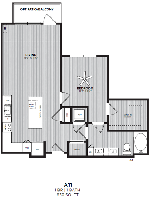 A floor plan of a one bedroom apartment with a living room, bedroom, and bathroom.
